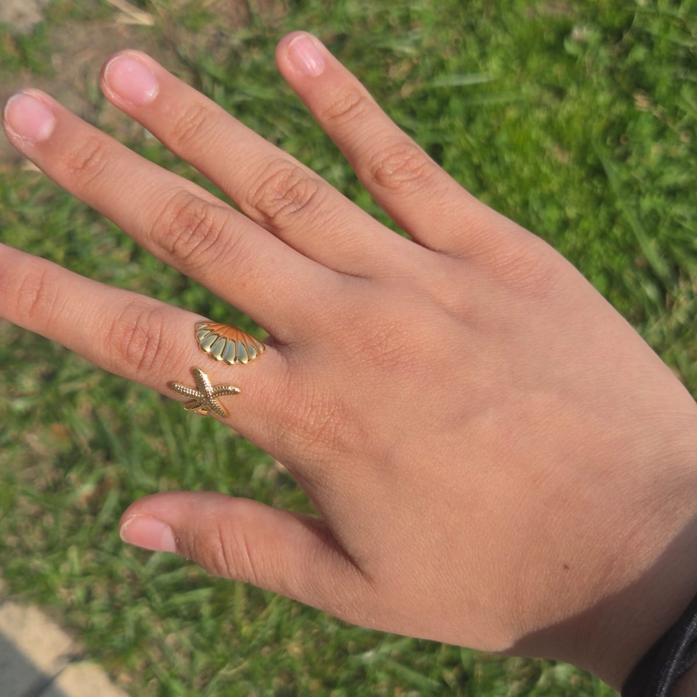 Gold Starfish and Shell Ring Sainless Steel,adjustable.
